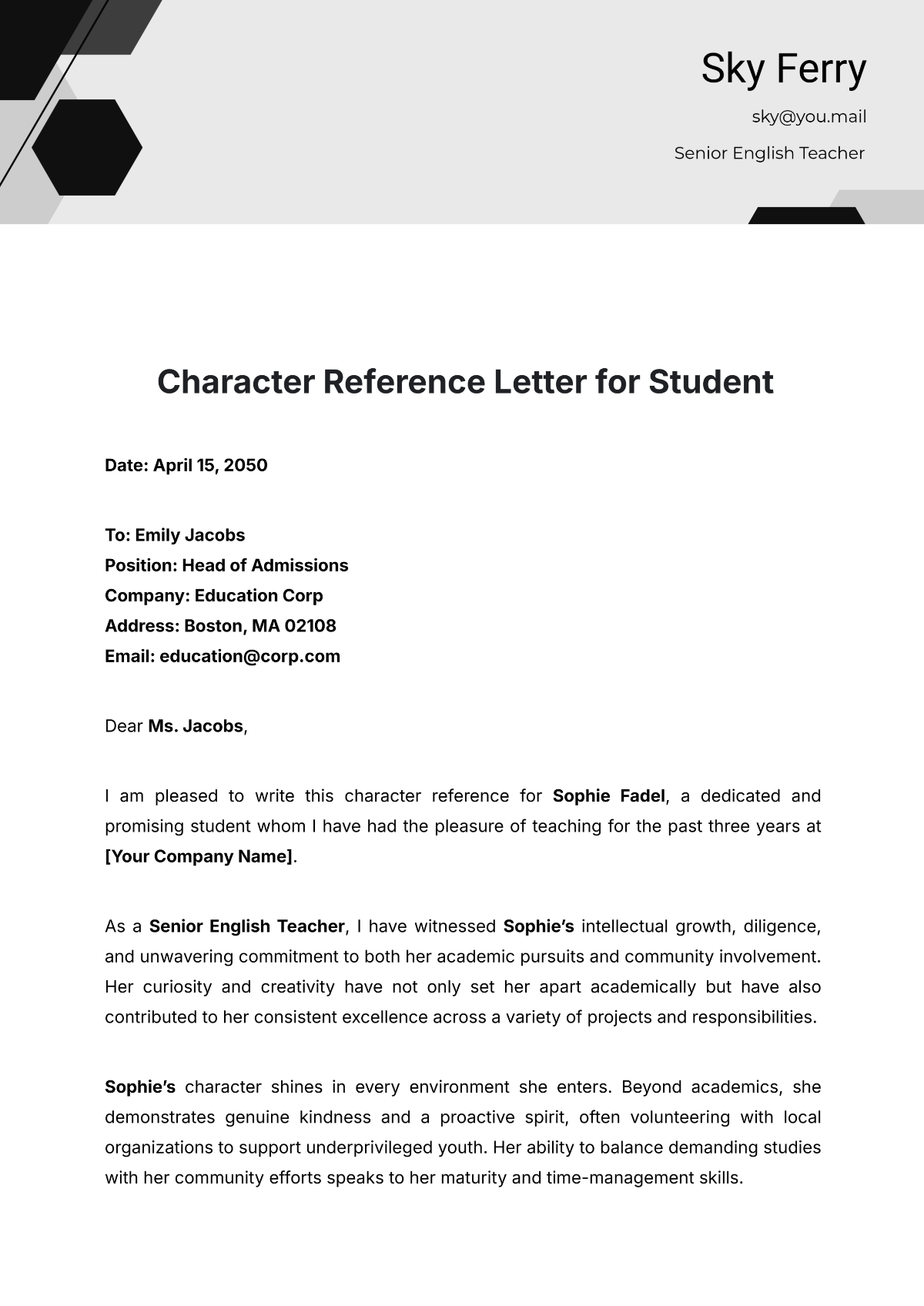 Character Reference Letter for Student Template - Edit Online & Download