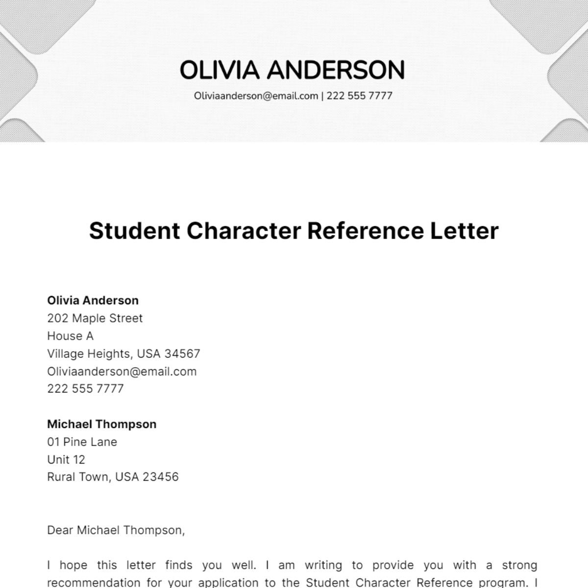 Student Character Reference Letter Template