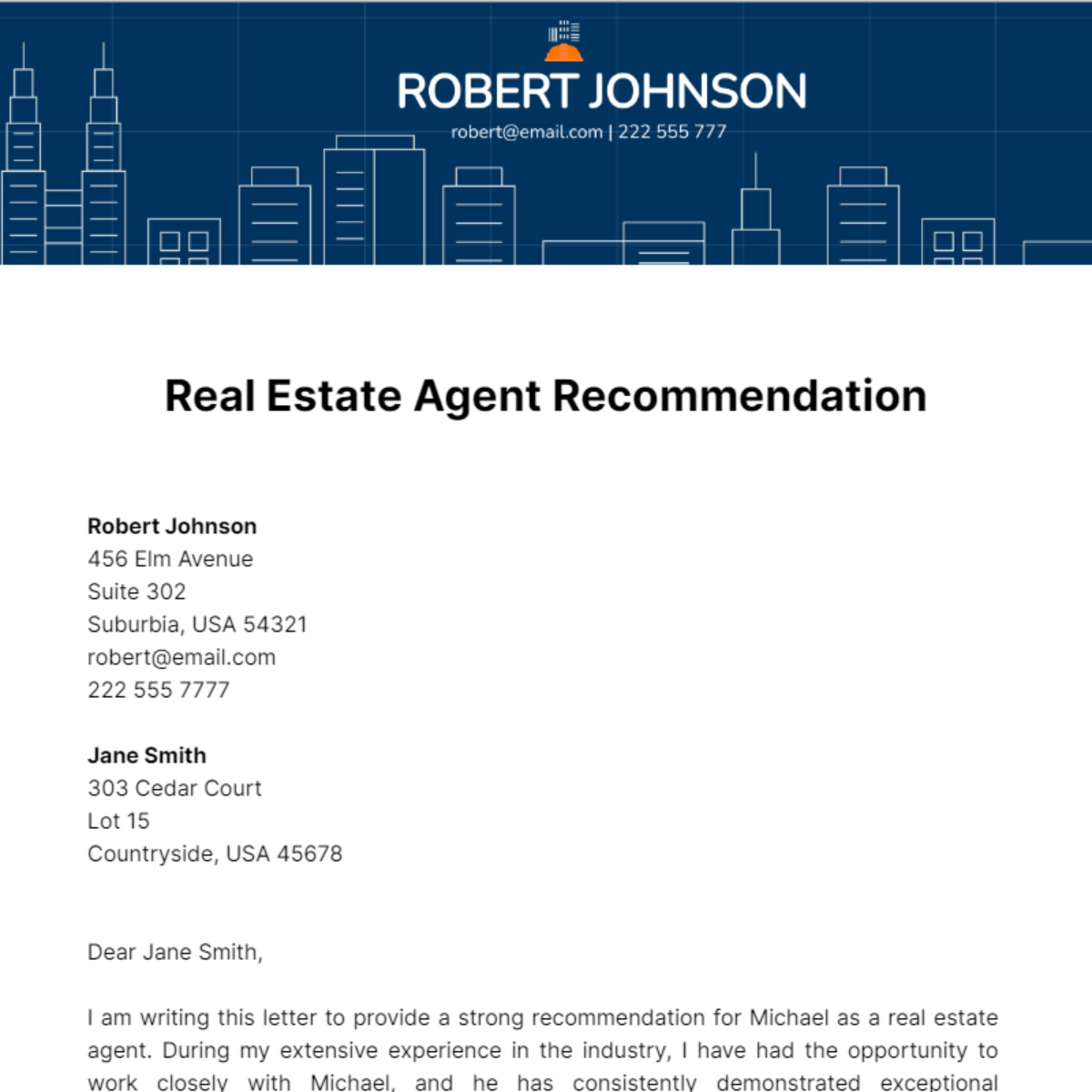 Real Estate Agent Recommendation Letter Template