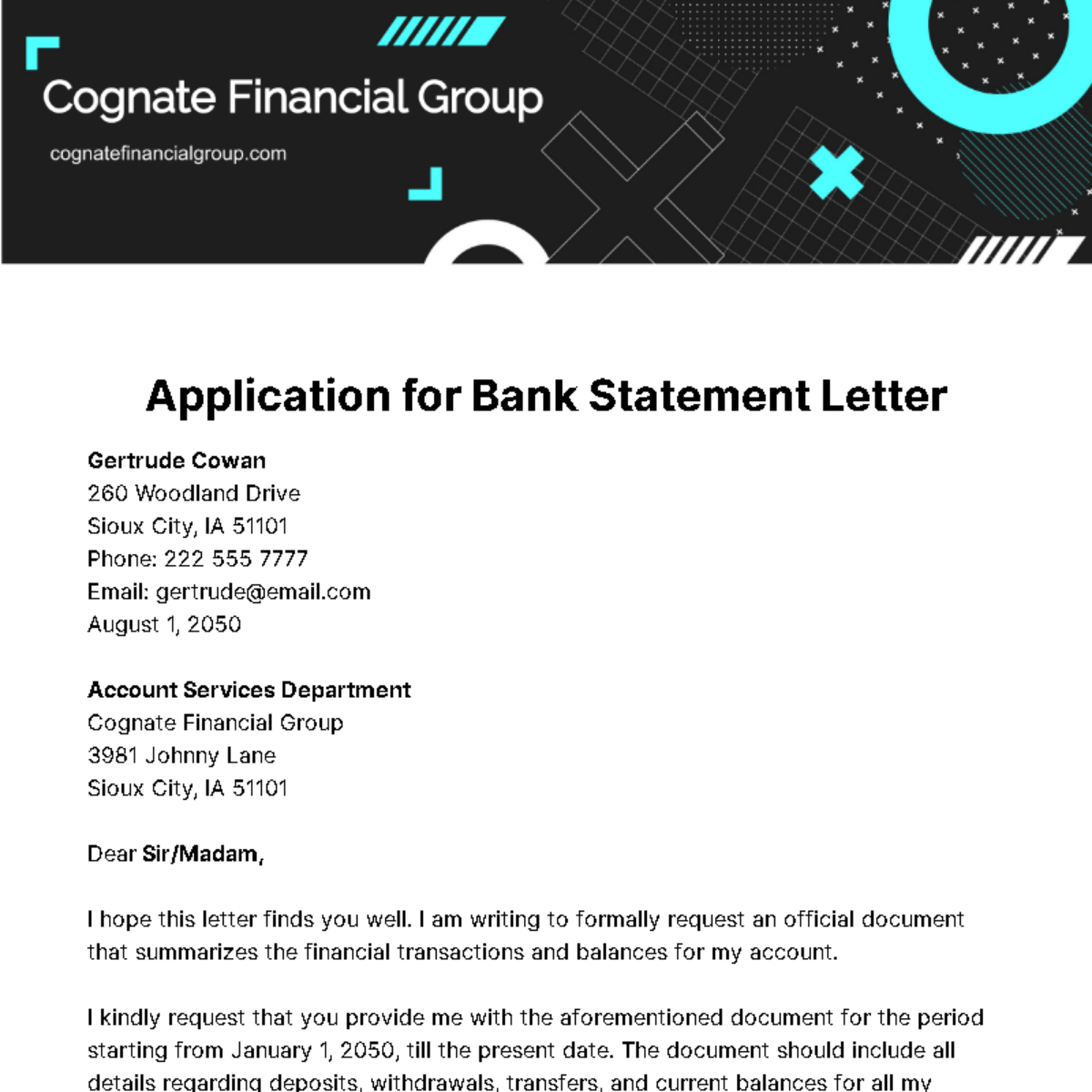 Application for Bank Statement Letter Template