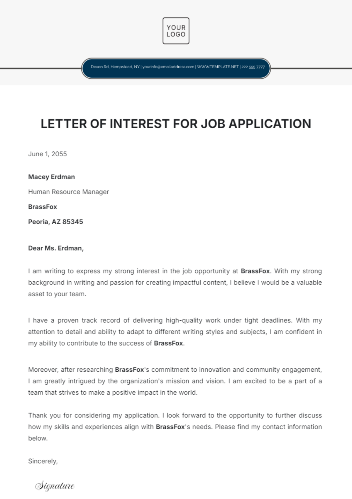 Letter of Interest Template for Job Application - Edit Online & Download