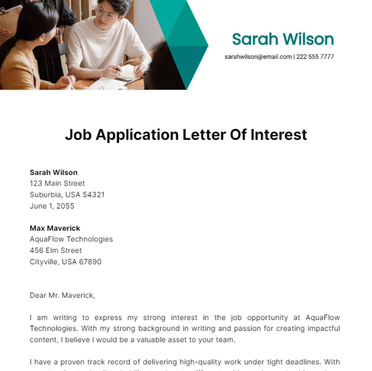 Job Application Letter Of Interest Template
