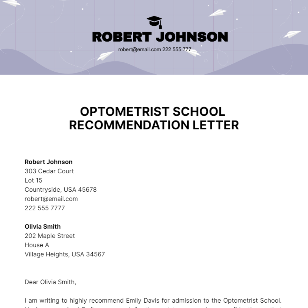 Optometrist School Recommendation Letter Template