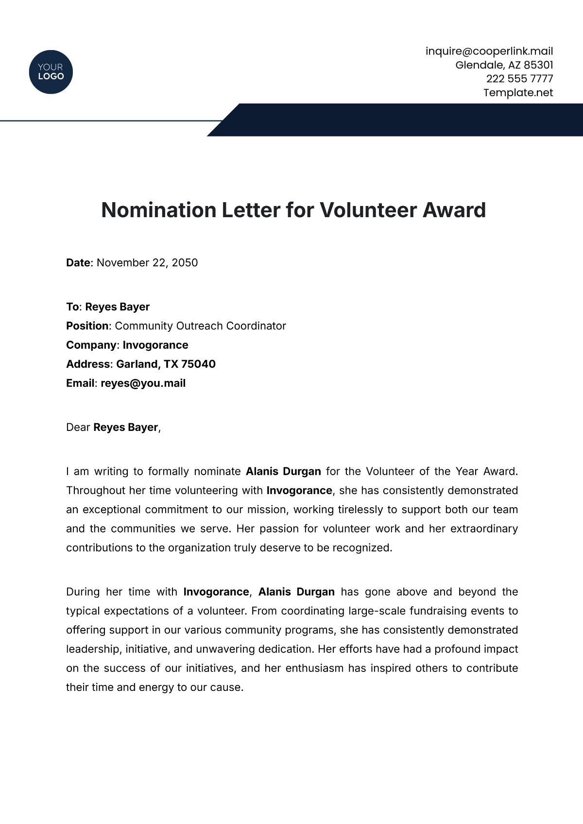 Nomination Letter for Volunteer Award Template - Edit Online & Download