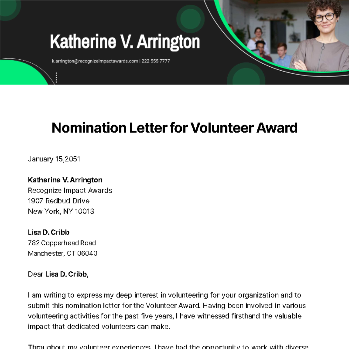 Free Nomination Letter for Volunteer Award Template
