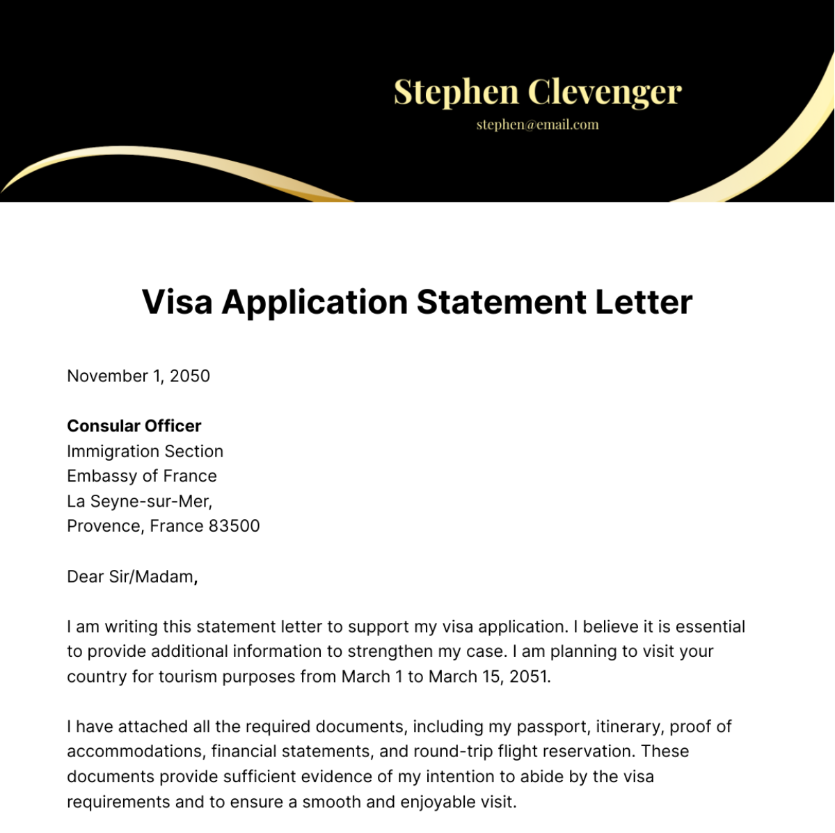 Visa Application Statement Letter Template