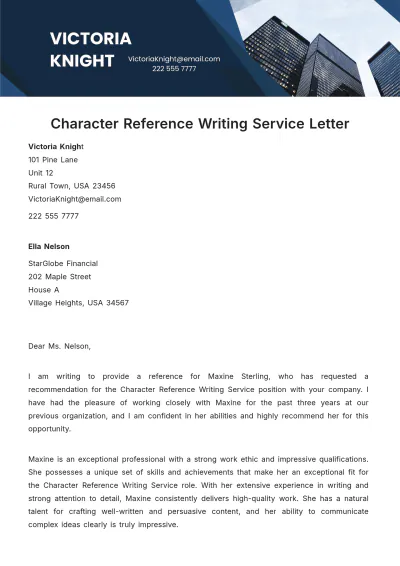 Free Character Reference Writing Service Letter Template to Edit Online