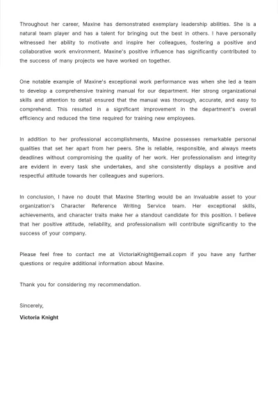 Free Character Reference Writing Service Letter Template to Edit Online