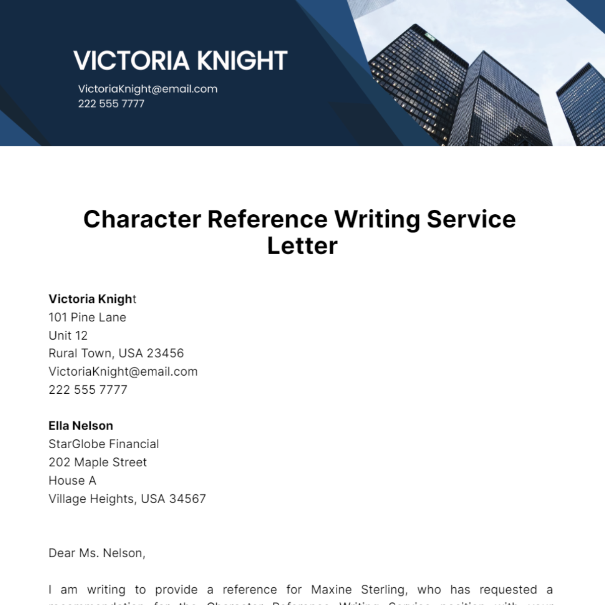 Character Reference Writing Service Letter Template