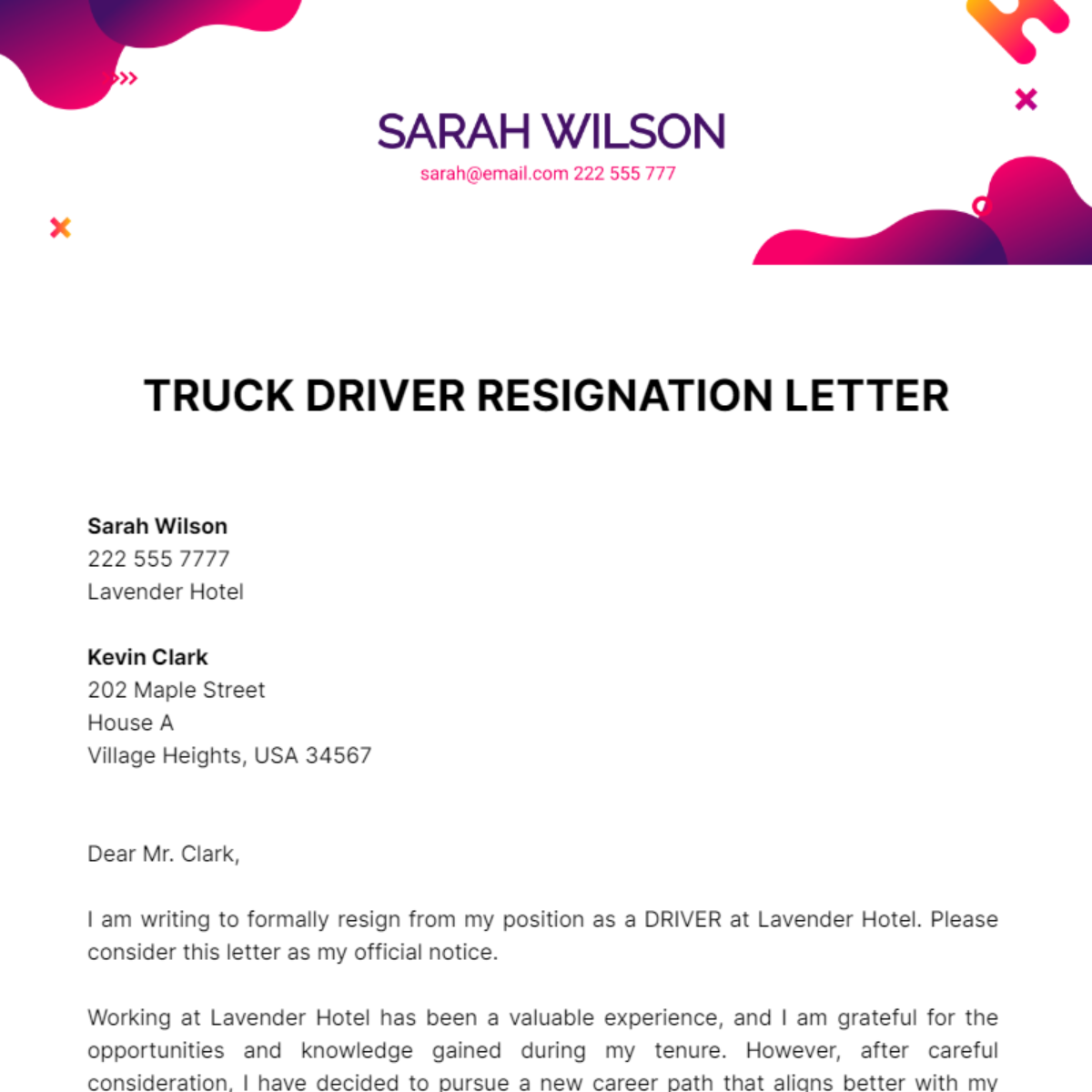 Truck Driver Resignation Letter Template