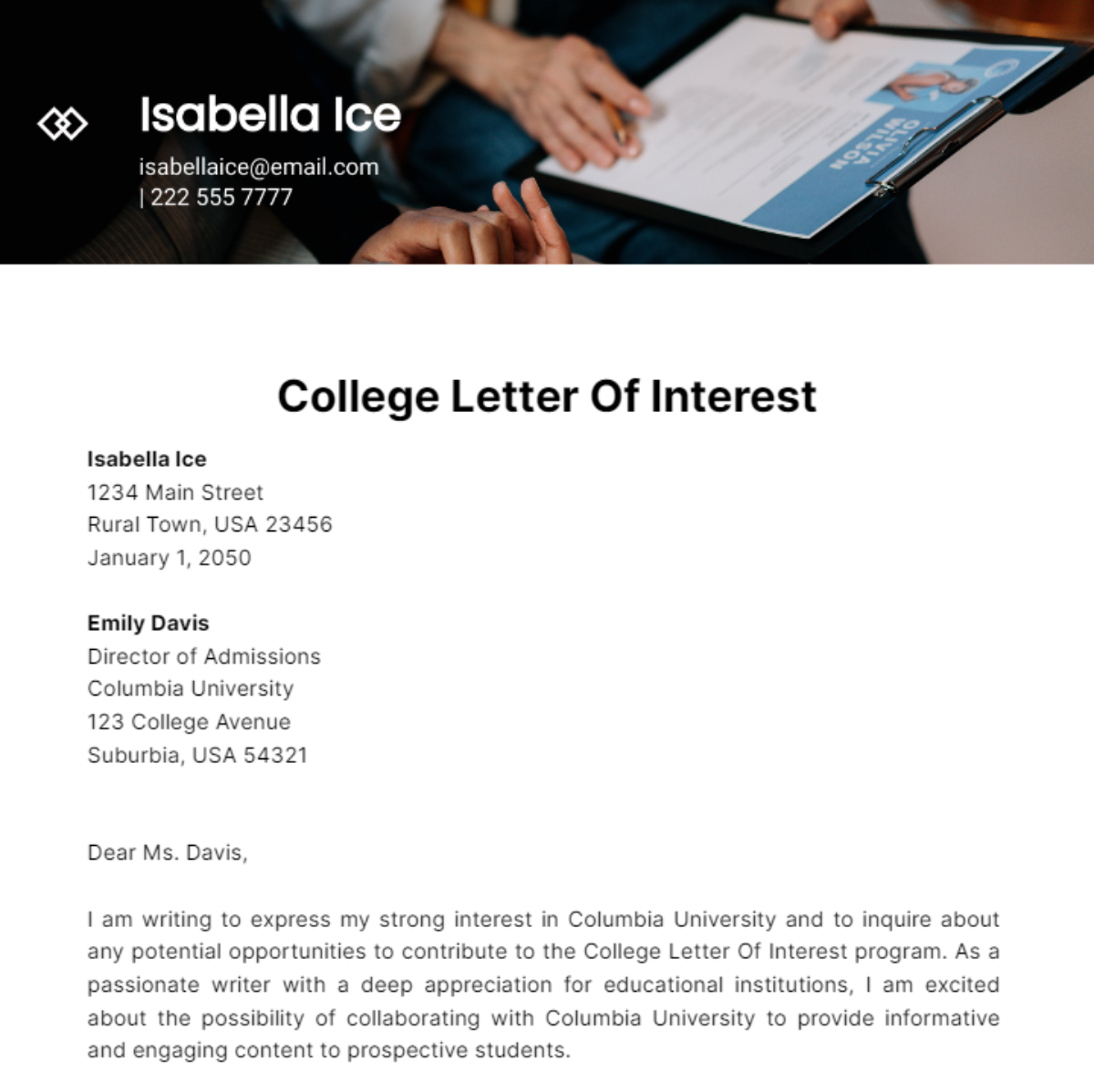 College Letter Of Interest Template
