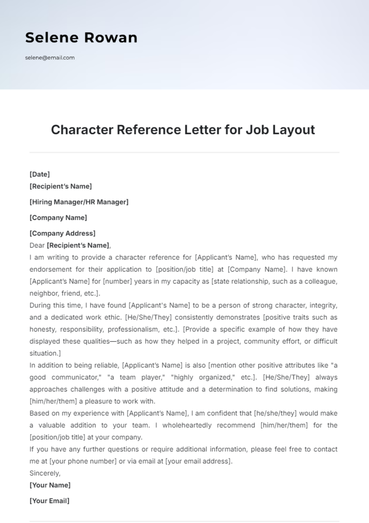 Job Character Reference Letter Layout Template - Edit Online & Download