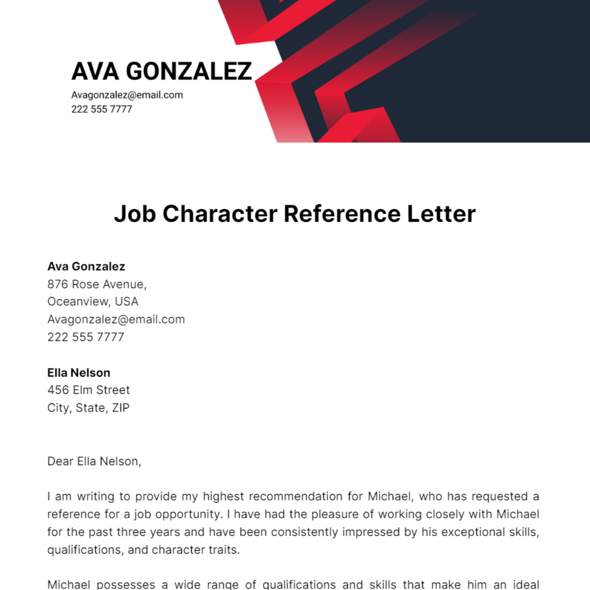 Job Character Reference Letter Template