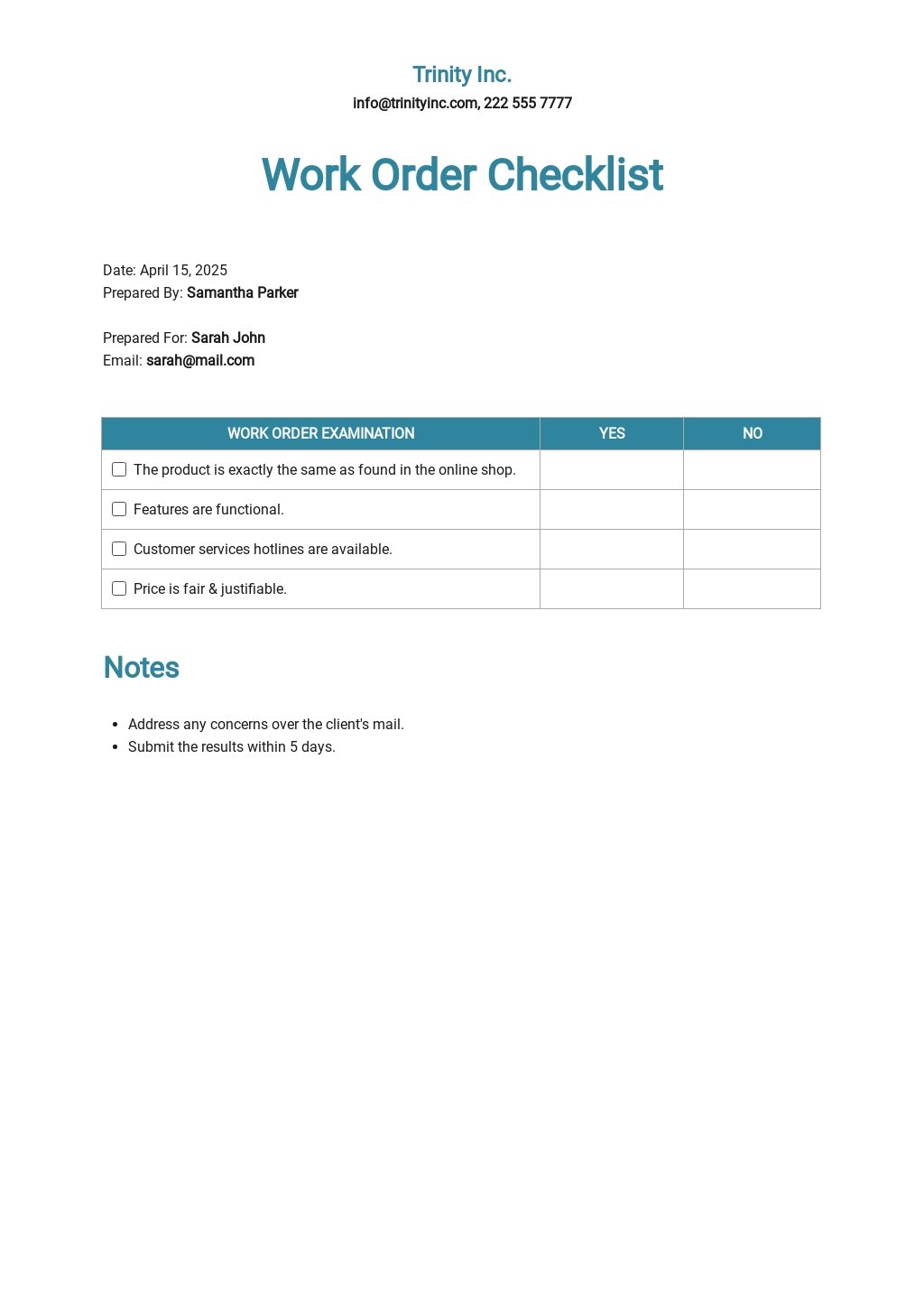 Work Order Checklist Template [Free PDF] Google Docs, Word, Apple