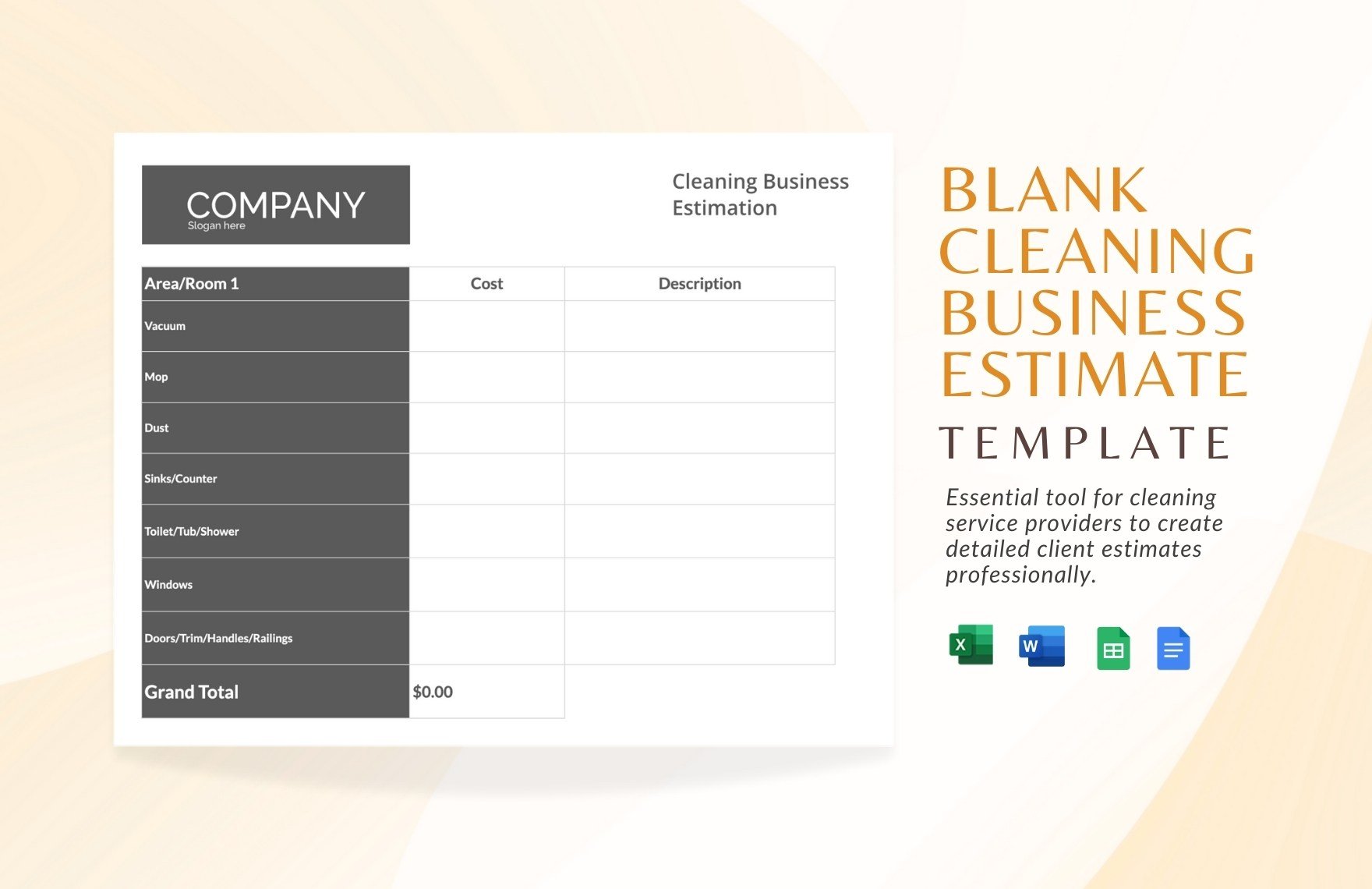 Free Blank Cleaning Business Estimate Template in Word, Google Docs, Excel, Google Sheets