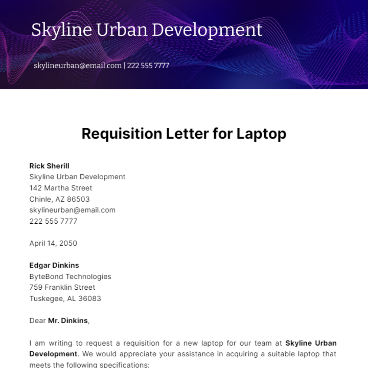Requisition Letter for Laptop Template