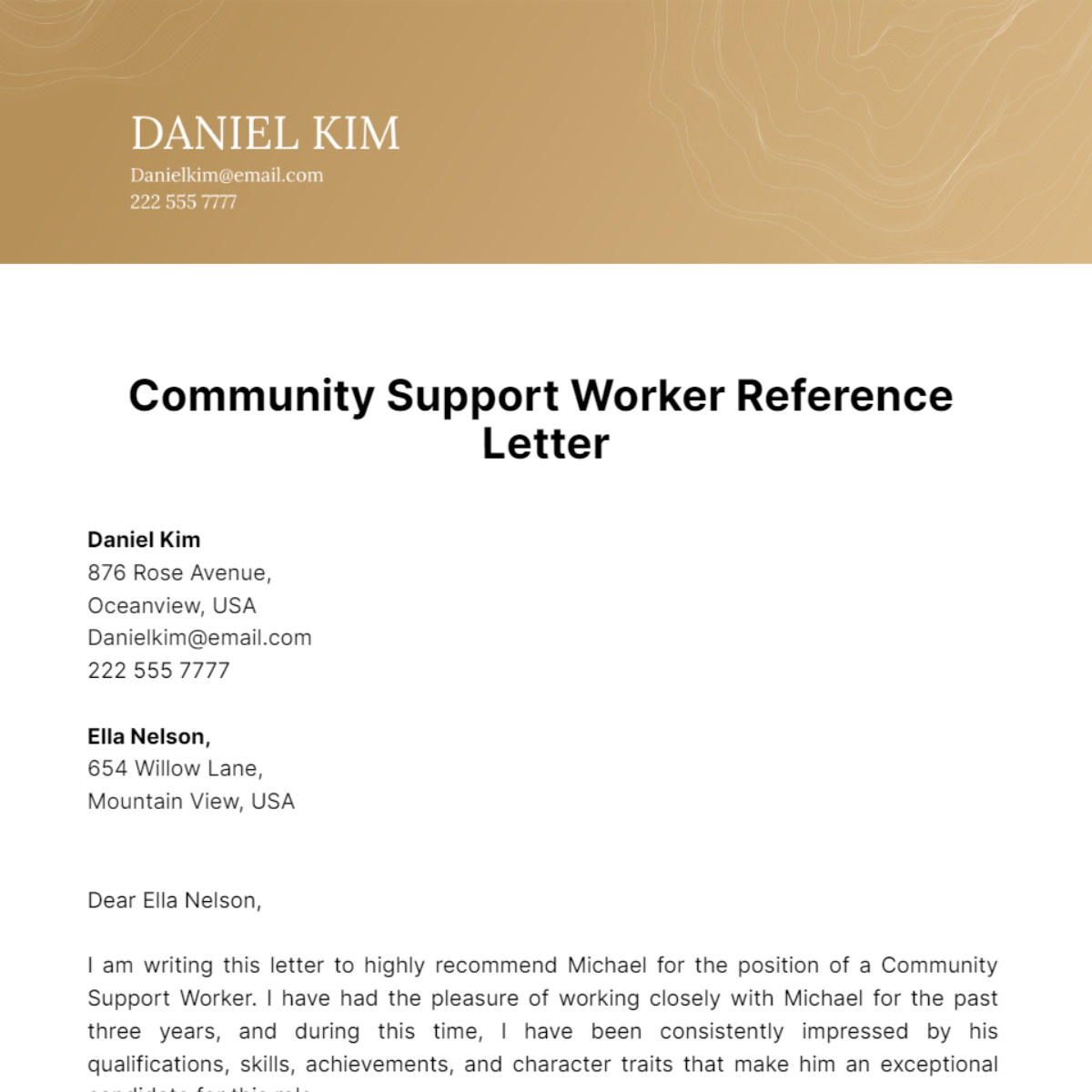 Community Support Worker Reference Letter Template