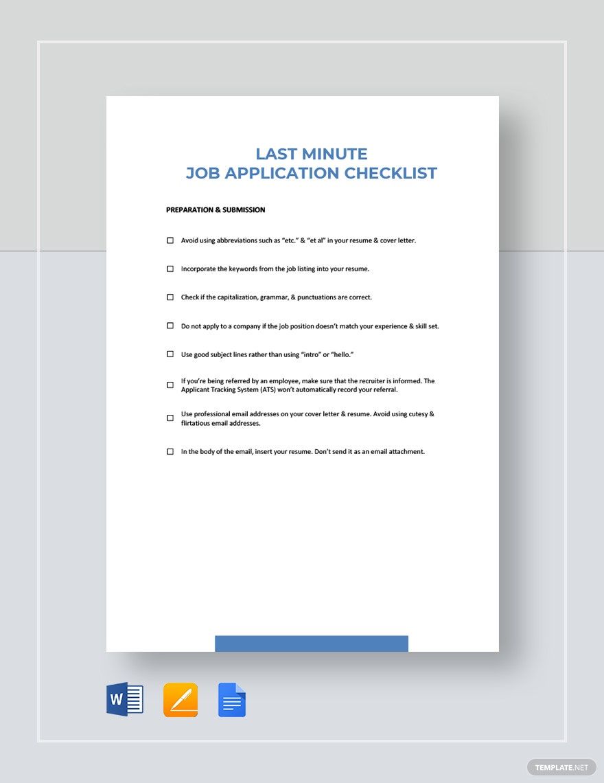 Last Minute Job Application Checklist Template in Google Docs, Pages, Word - Download | Template.net