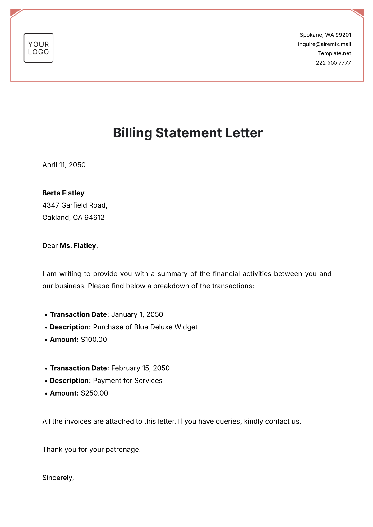 Billing Statement Letter Template - Edit Online & Download