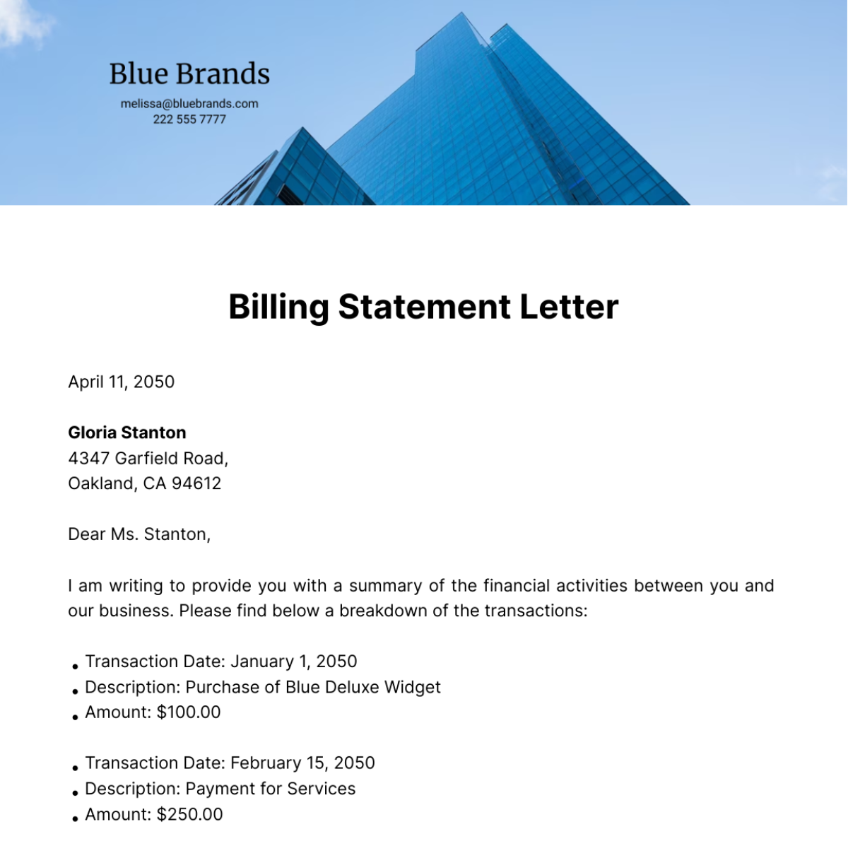 Billing Statement Letter Template