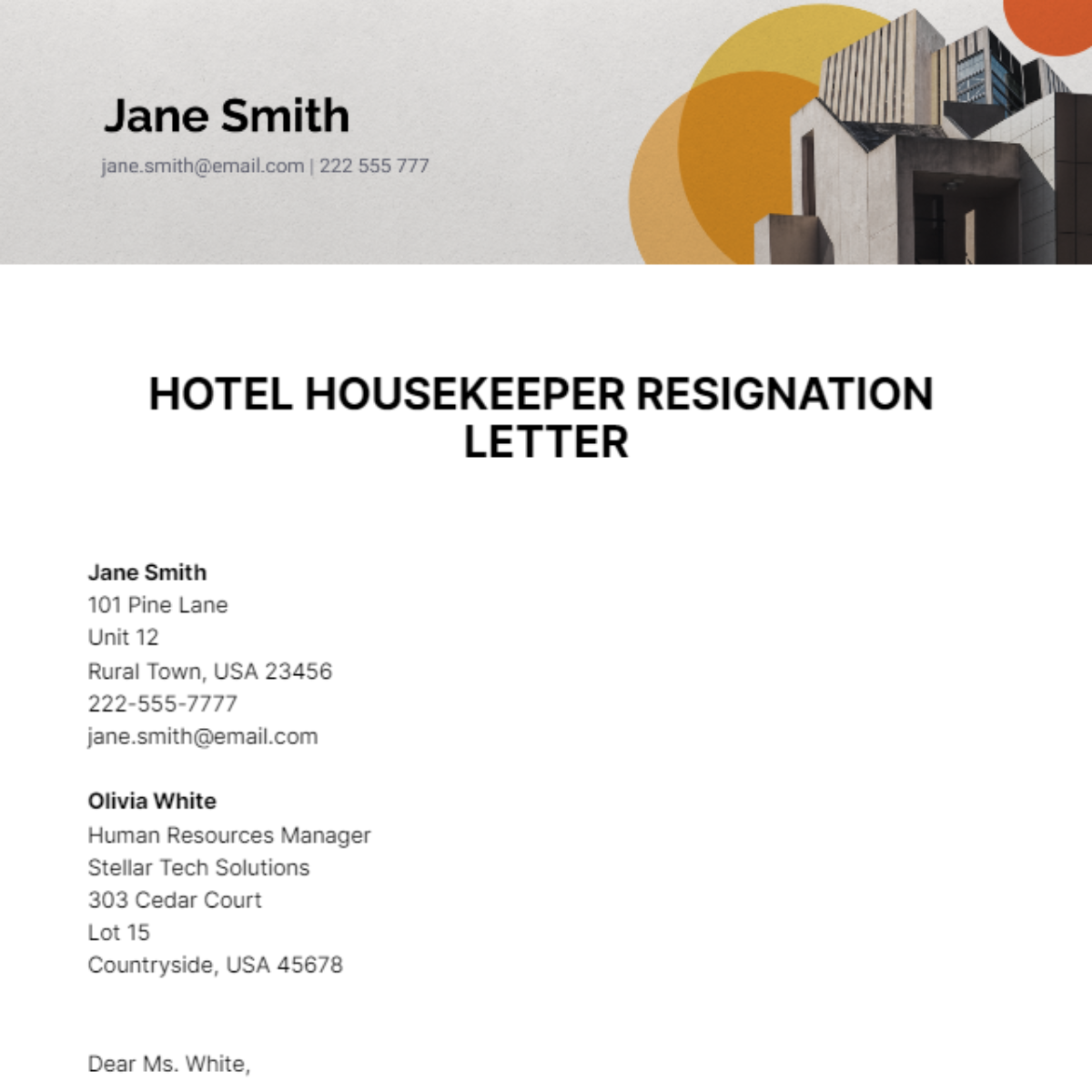 Hotel housekeeper Resignation Letter Template