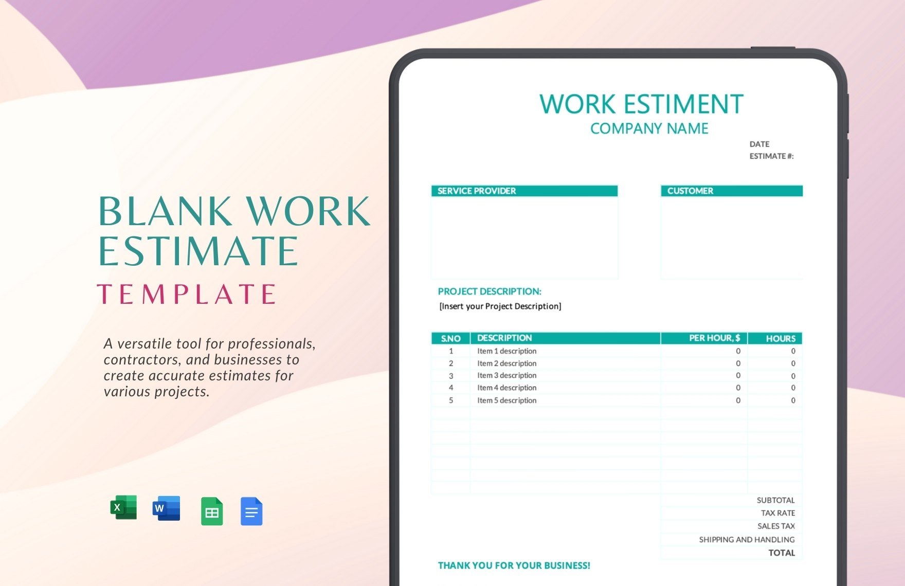 Free Blank Work Estimate Template in Word, Google Docs, Excel, Google Sheets