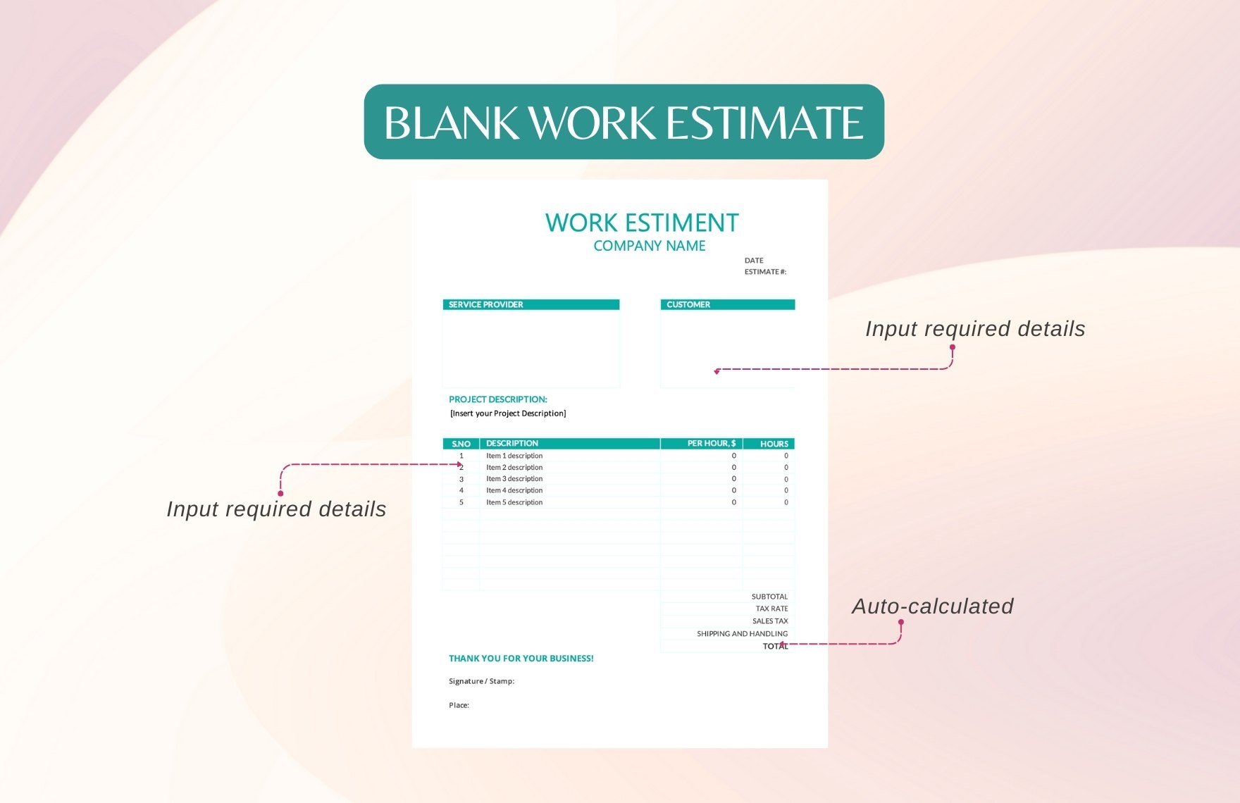 Blank Work Estimate Template