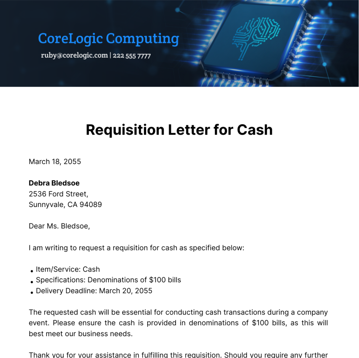 Requisition Letter for Cash Template