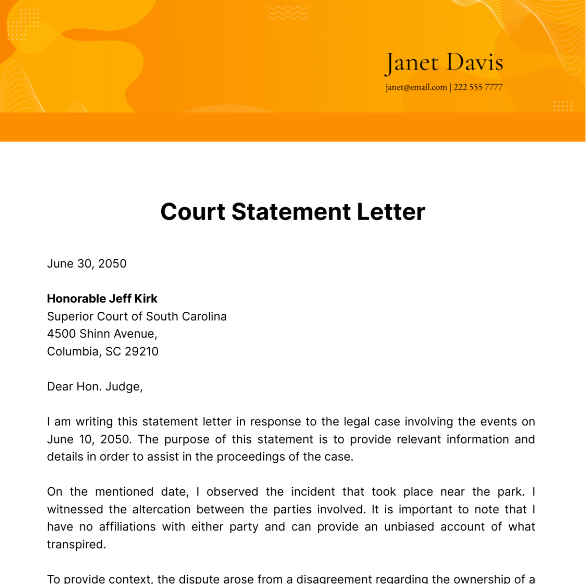 Court Statement Letter Template