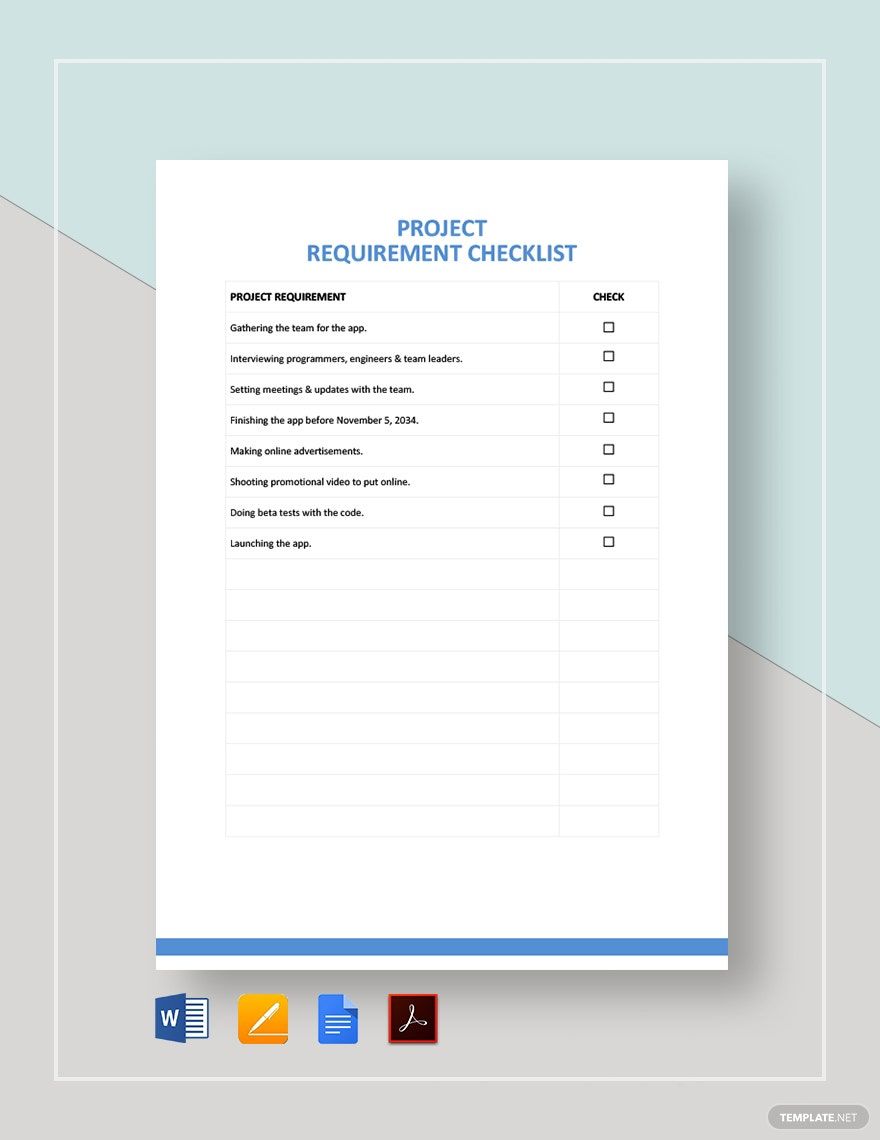 Project Requirement Checklist Template in Google Docs, Pages, PDF, Word - Download | Template.net