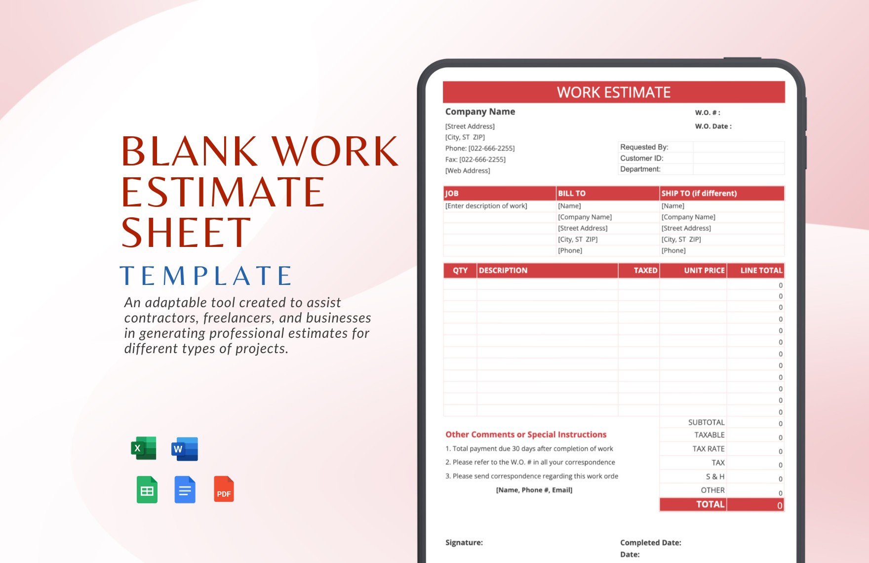 Free Blank Work Estimate Sheet Template in Word, Google Docs, Excel, PDF, Google Sheets