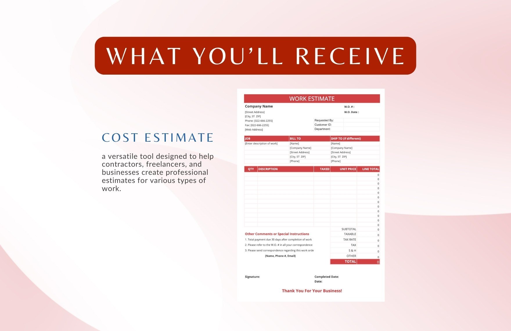 Blank Work Estimate Sheet Template