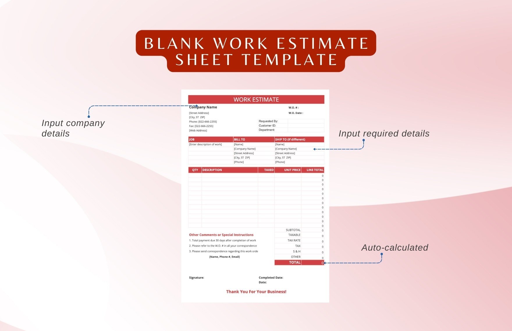 Blank Work Estimate Sheet Template