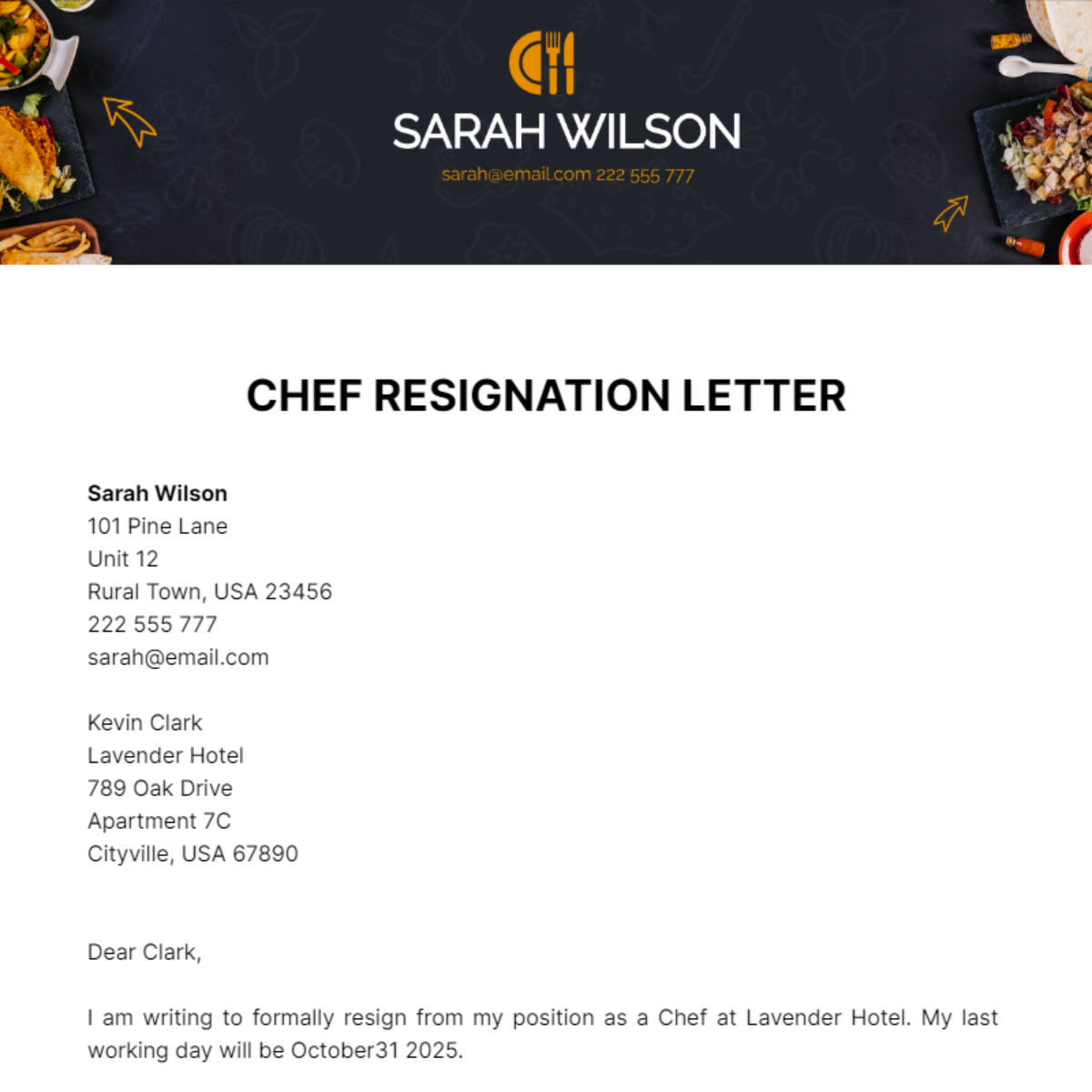 Free Chef Resignation Letter Template