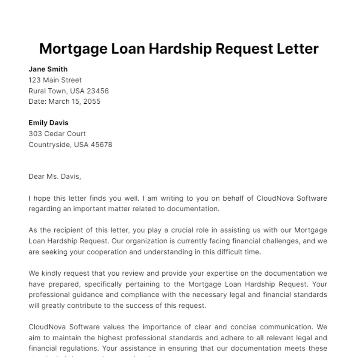 Mortgage Loan Hardship Request Letter Template