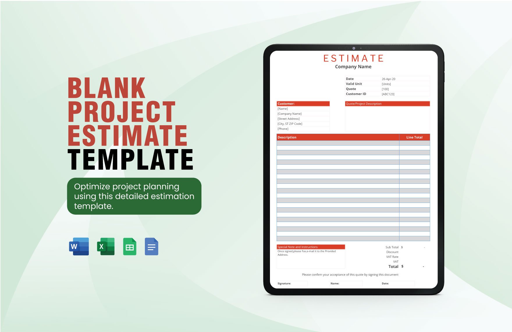 Blank Project Estimate Template in Word, Google Docs, Excel, Google Sheets