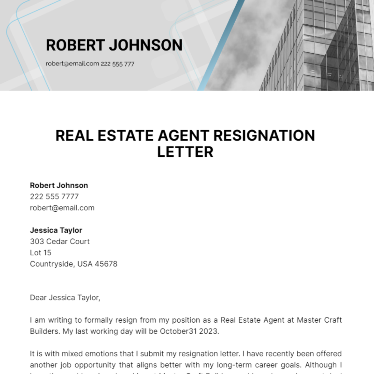 Real Estate Agent Resignation Letter Template