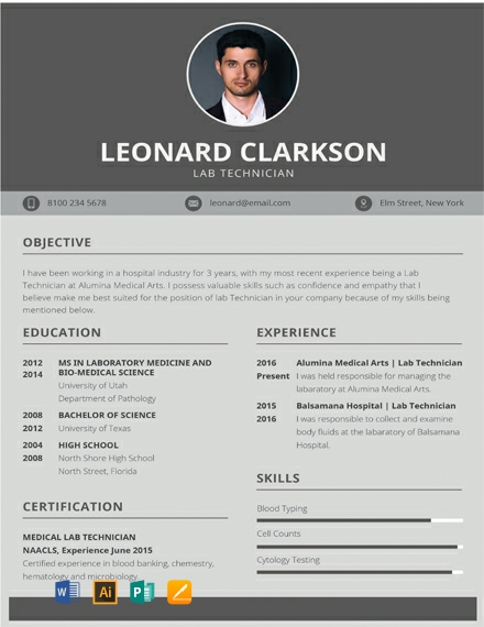Lab Technician Resume Template - Illustrator, Word, Apple Pages, Publisher