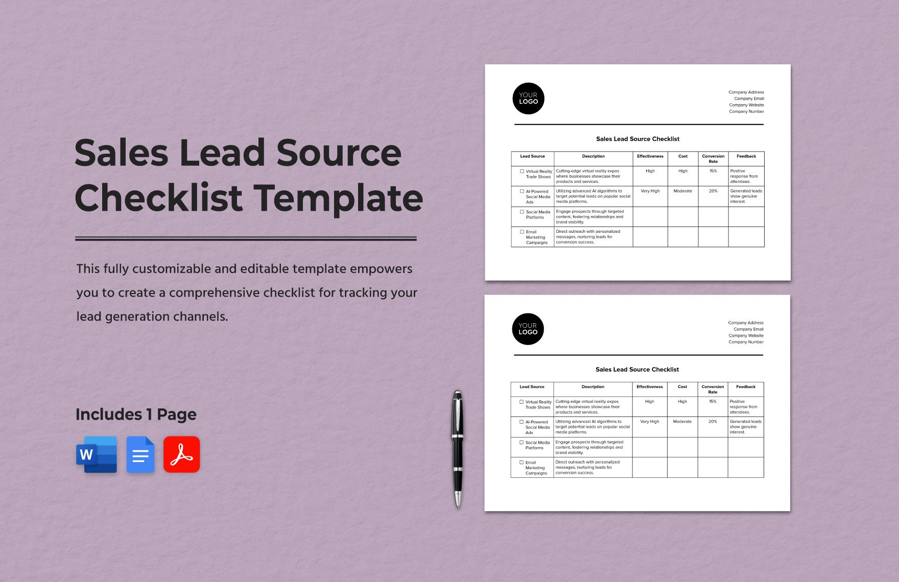 Sales Lead Source Checklist Template in Word, Google Docs, PDF