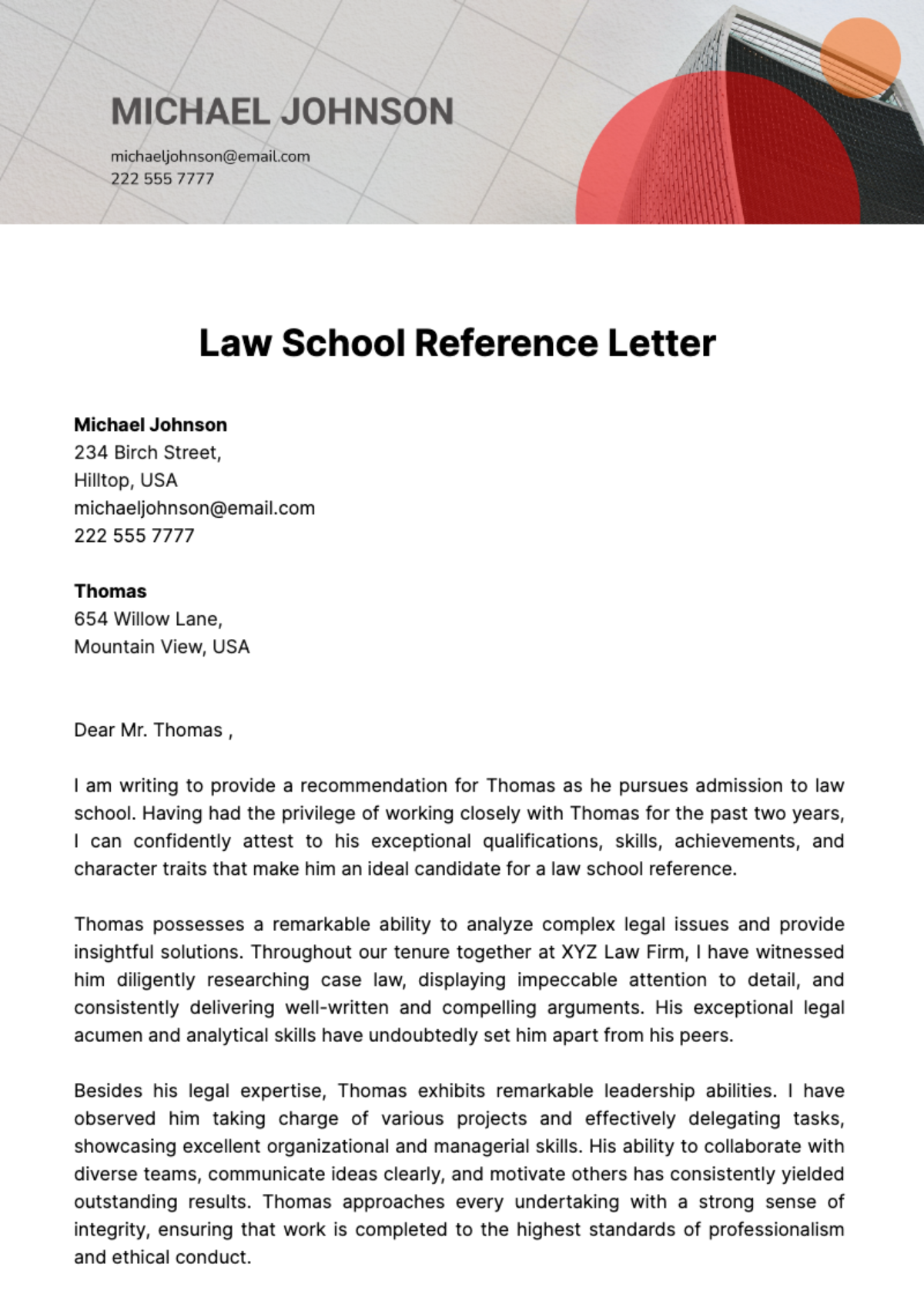 Free Law School Reference Letter Template