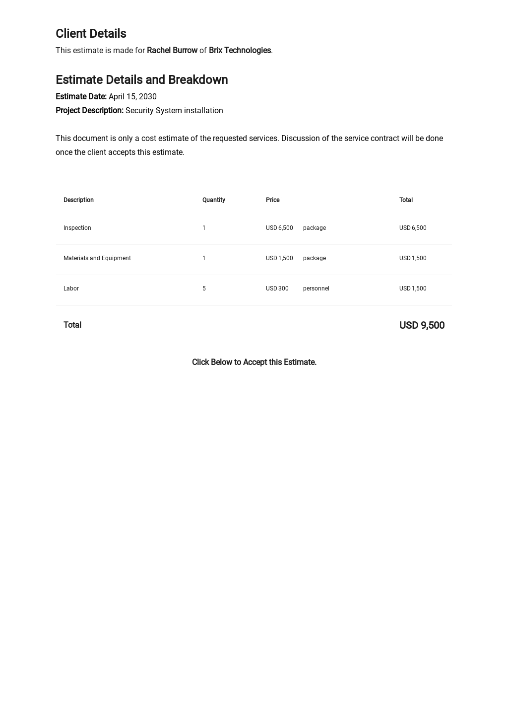 Free Sample Blank Estimate Template - Excel, Word | Template.net