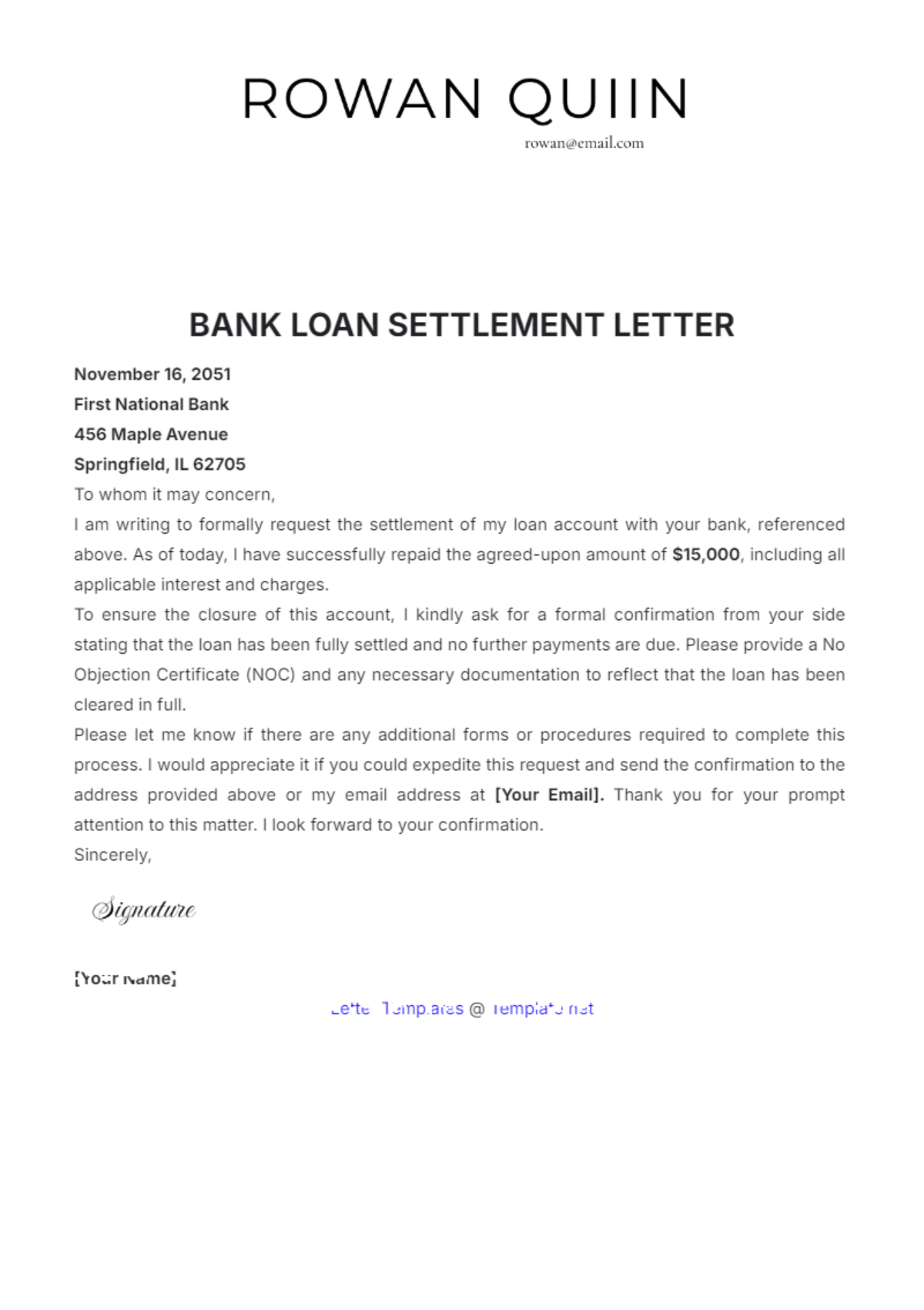 Bank Loan Settlement Letter Template - Edit Online & Download