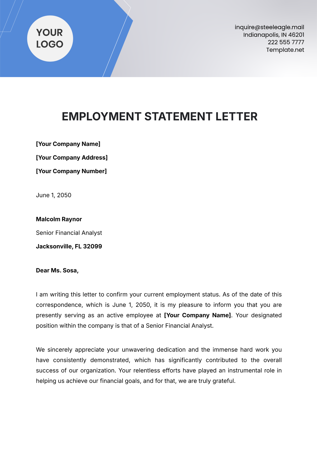 Employment Statement Letter Template - Edit Online & Download