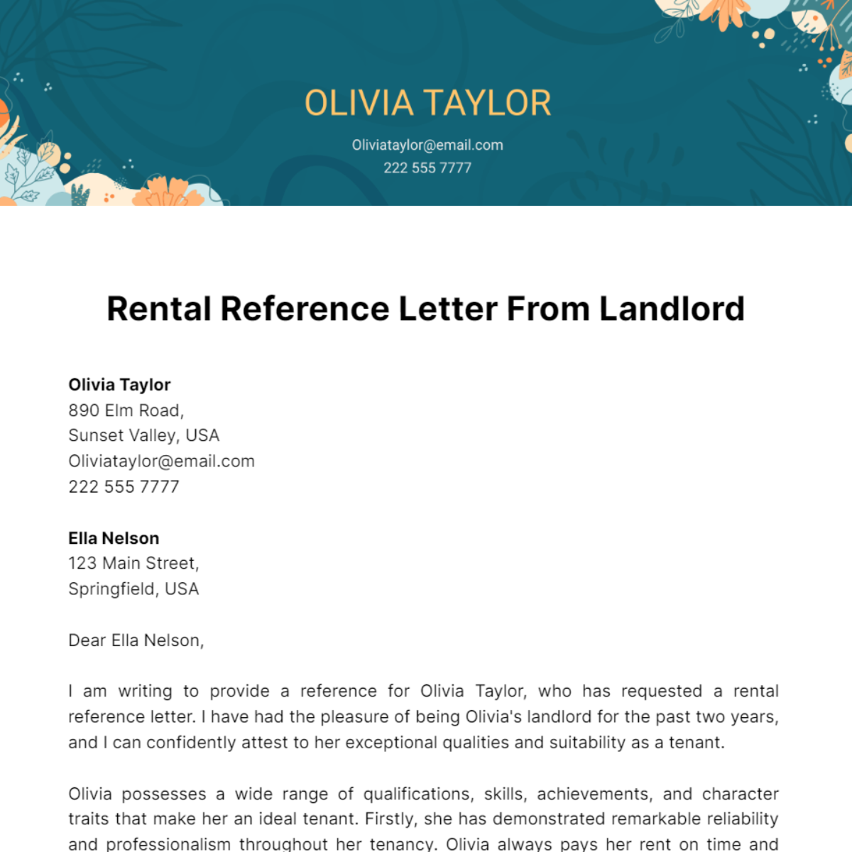 Rental Reference Letter From Landlord Template