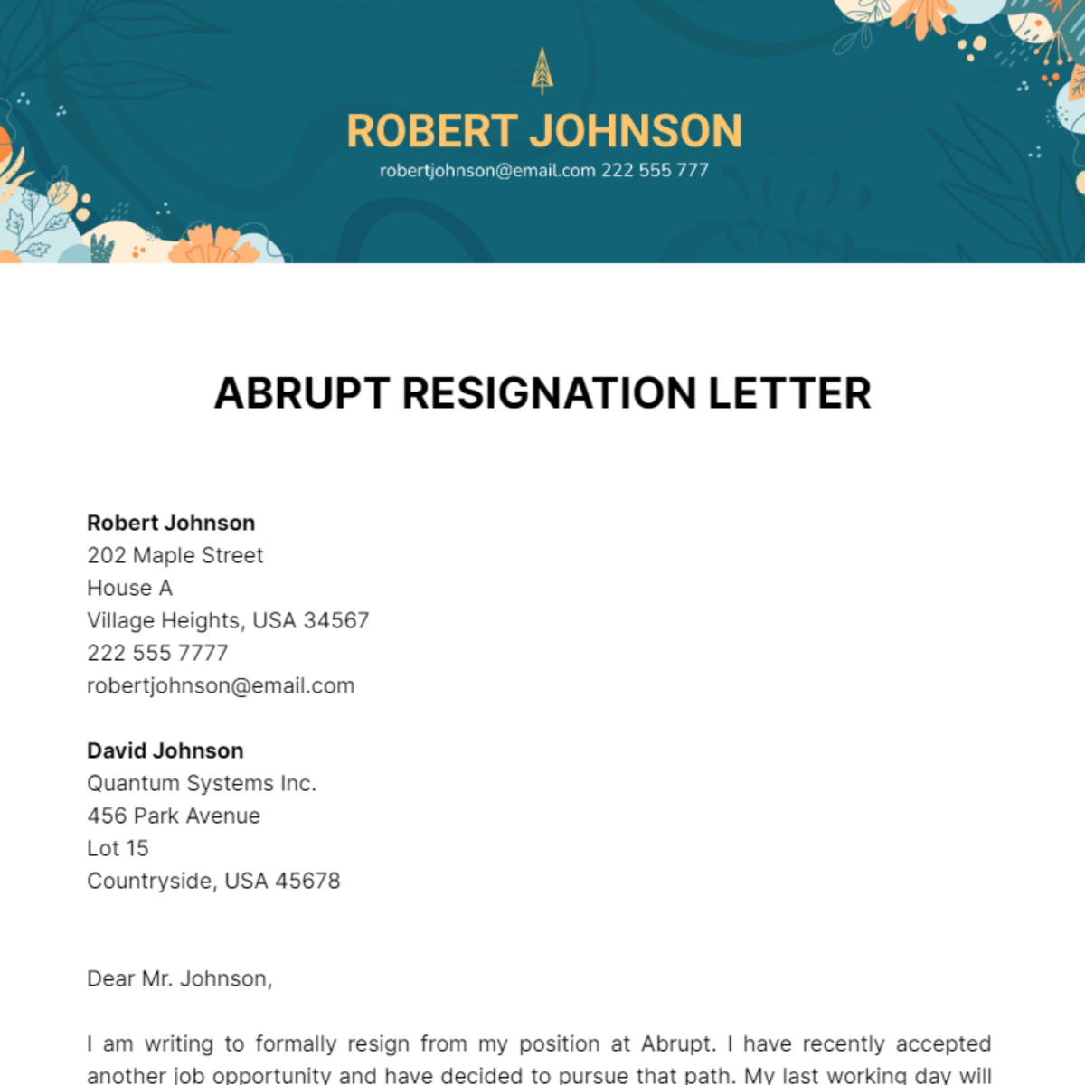 Abrupt Resignation Letter Template