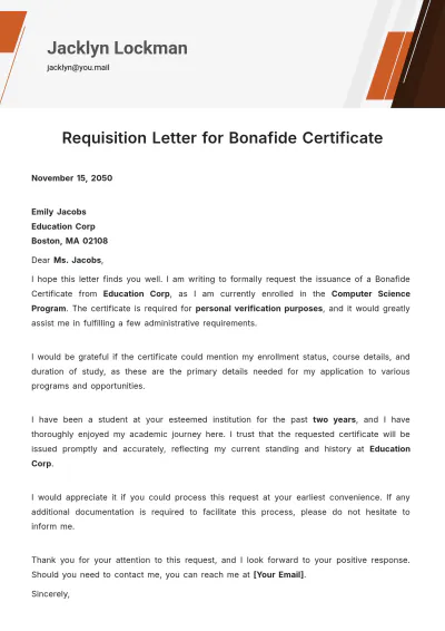 Free Requisition Letter for Bonafide Certificate Template to Edit Online