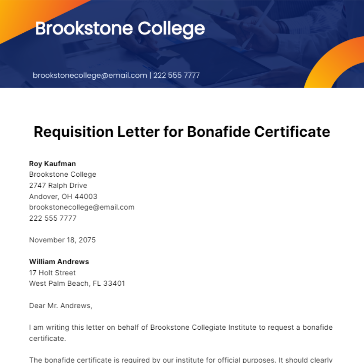 Requisition Letter for Bonafide Certificate Template