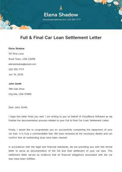 Free Full & Final Car Loan Settlement Letter Template to Edit Online