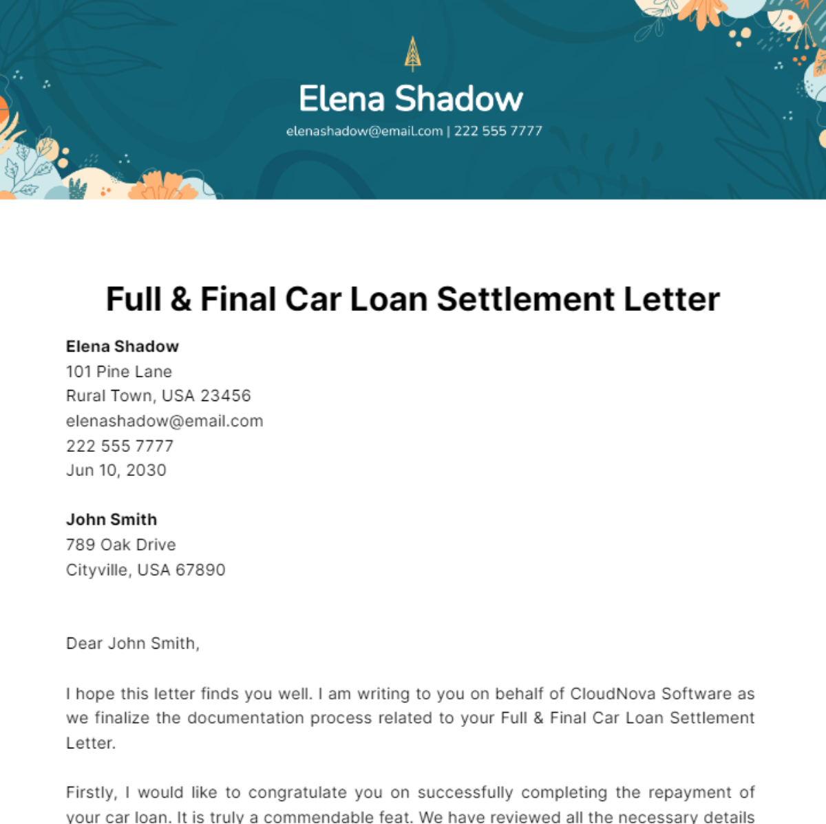 Full & Final Car Loan Settlement Letter Template