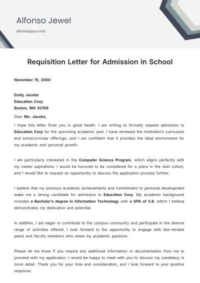 Free Requisition Letter for Admission in School Template to Edit Online